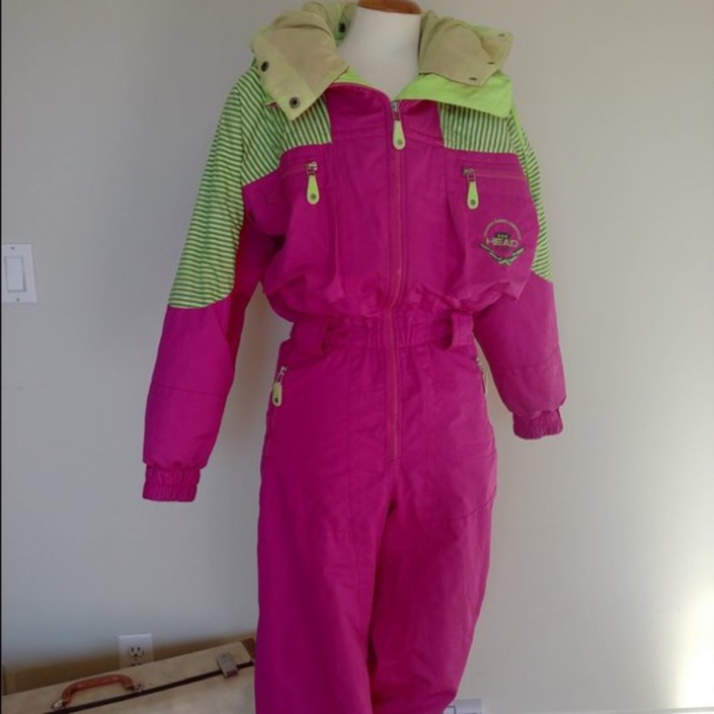 Vintage neon pink & green women’s ski/snow suit